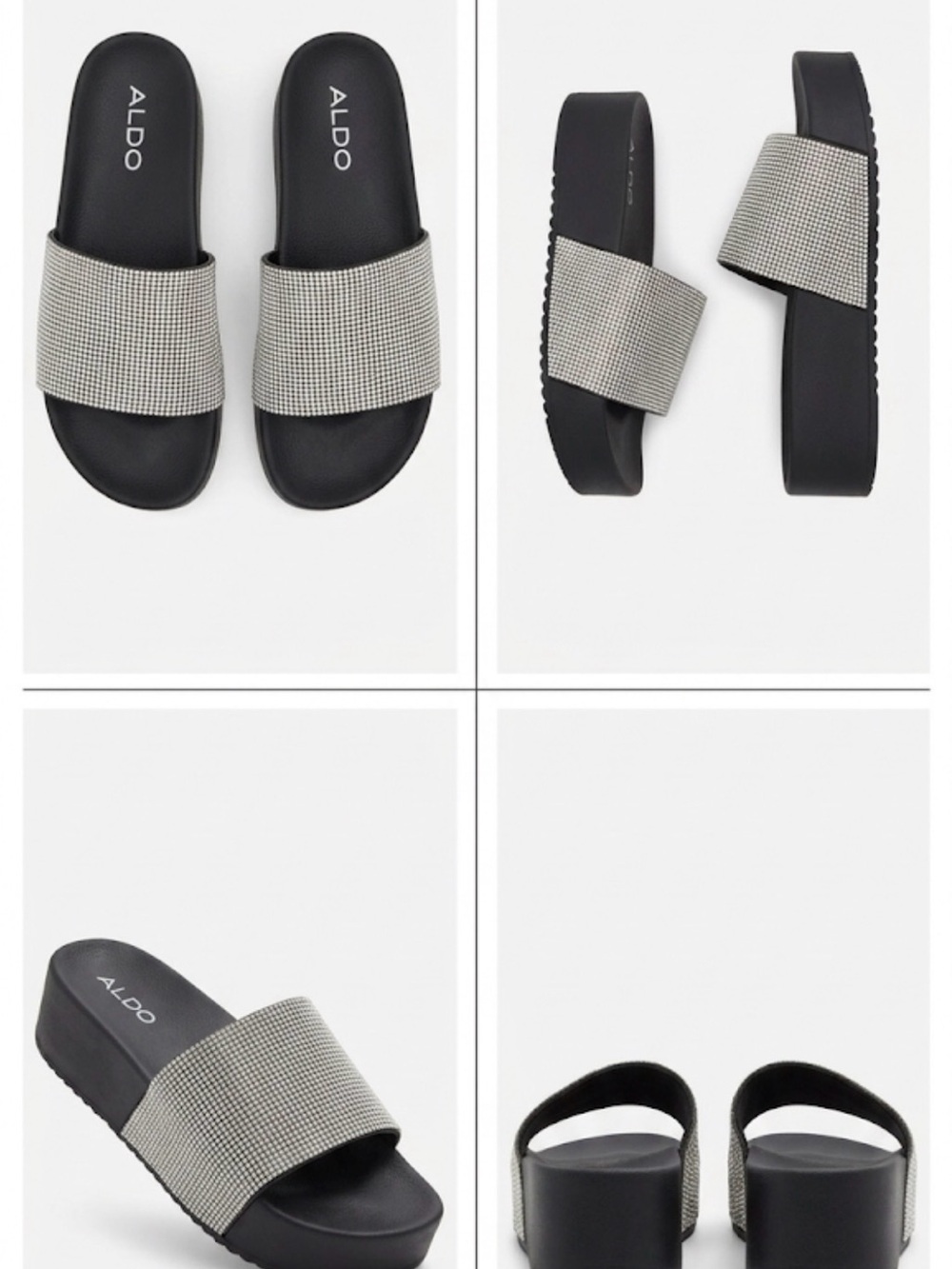 Aldo Black Slides with Silver Crystal Mesh Strap